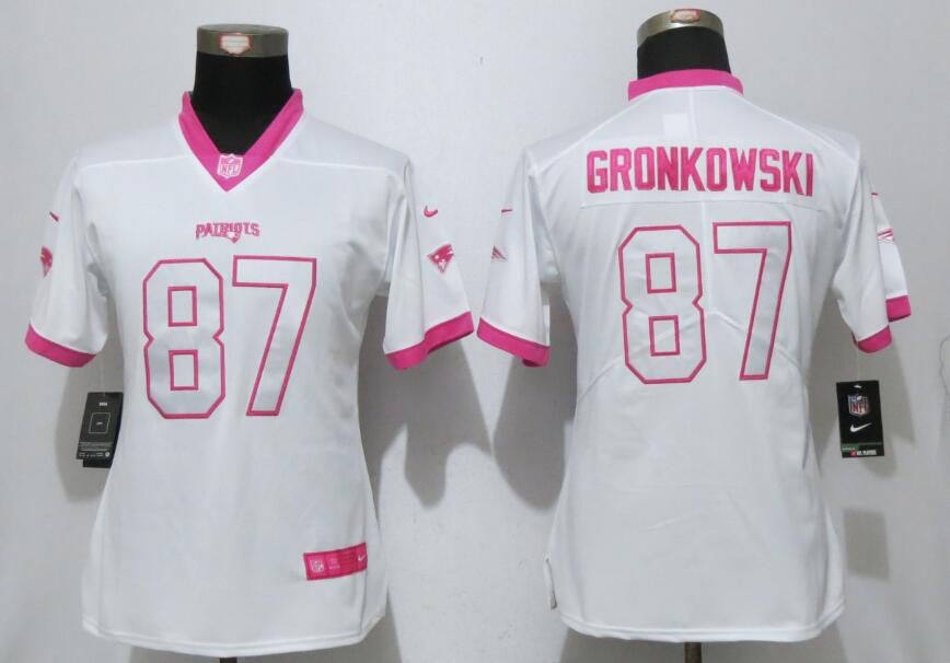 Women 2017 New England Patriots #87 Gronkowski Matthews White Pink Stitched New Nike Elite Rush Fashion NFL Jersey->women nfl jersey->Women Jersey